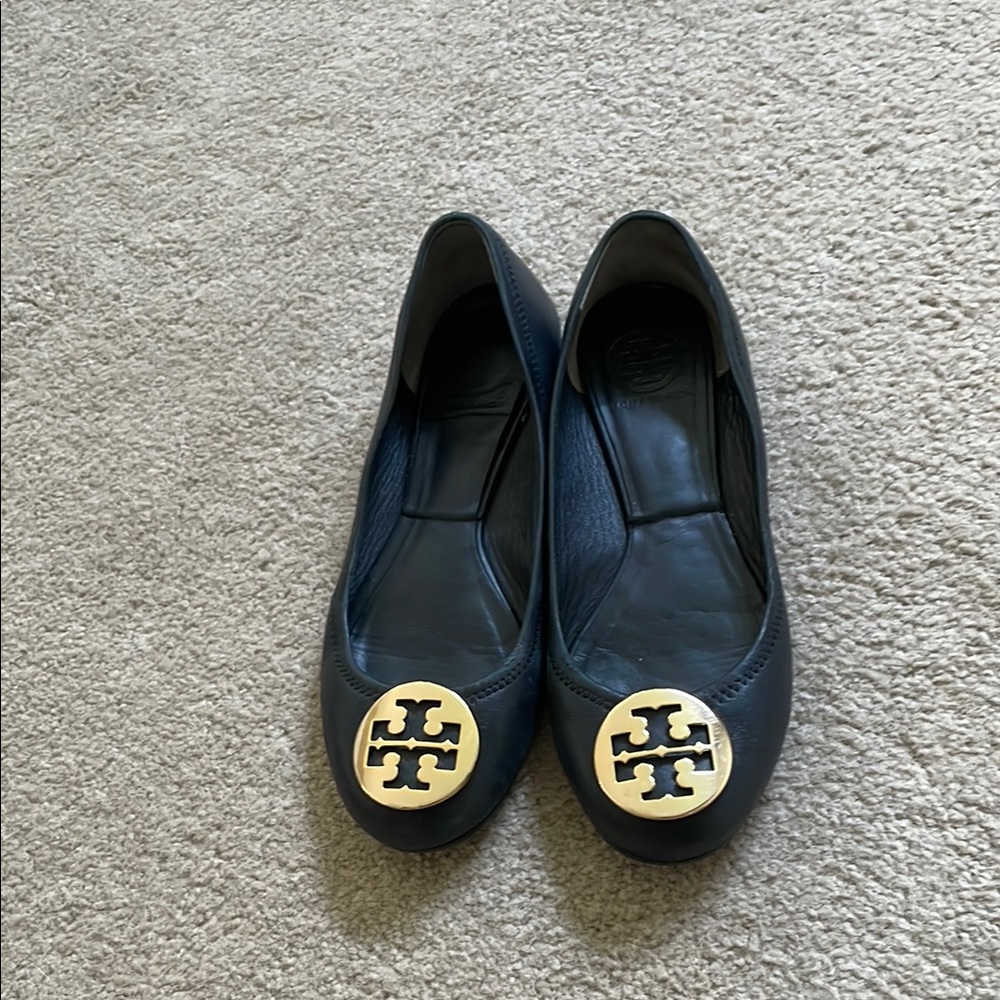 Tory Burch Black Flats with Gold Logo